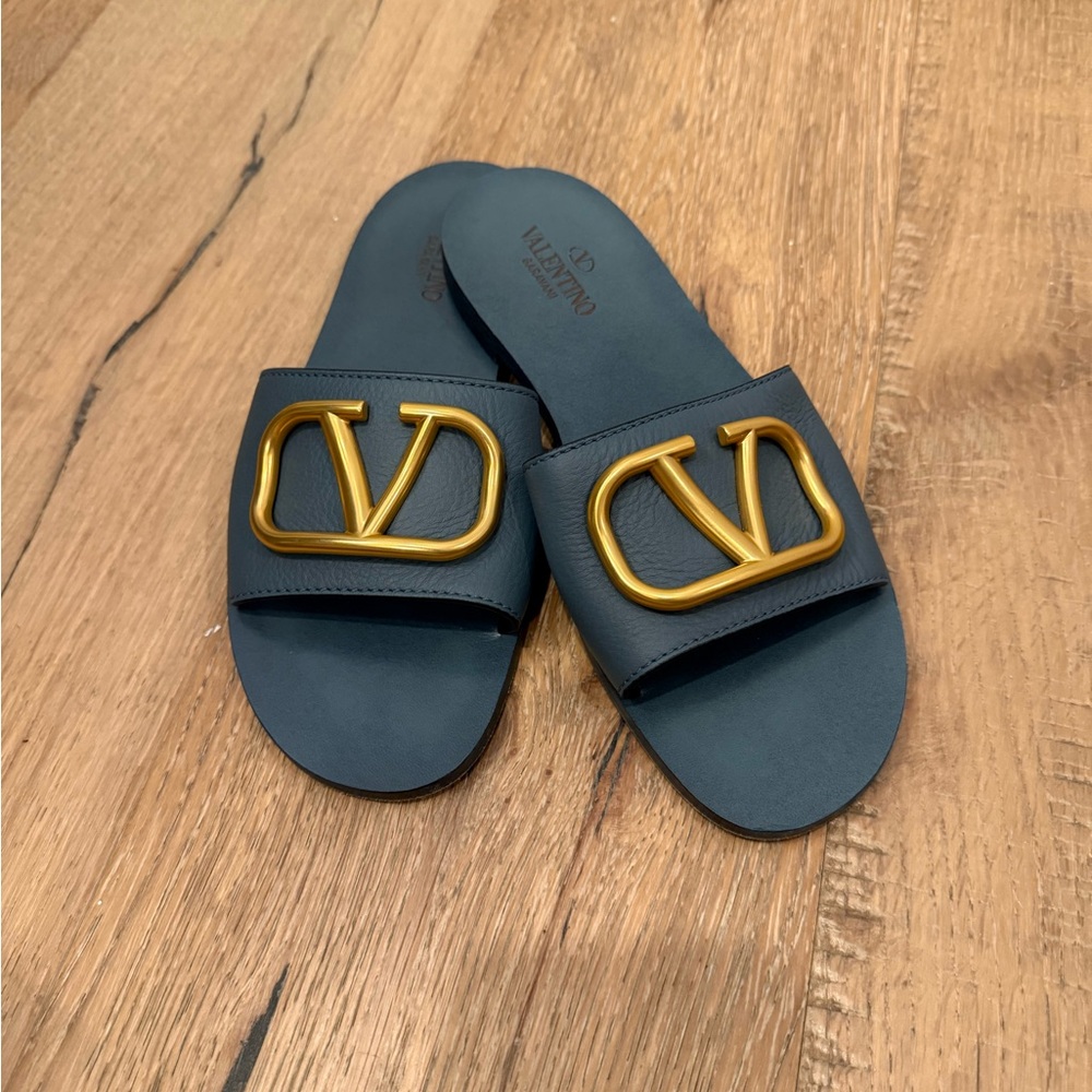 Valentino Navy Slides with Gold Emblem